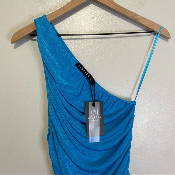 Lioness NWT The Goddess Mini Ruched Dress Womens S One Shoulder Blue New Short - Picture 3 of 8